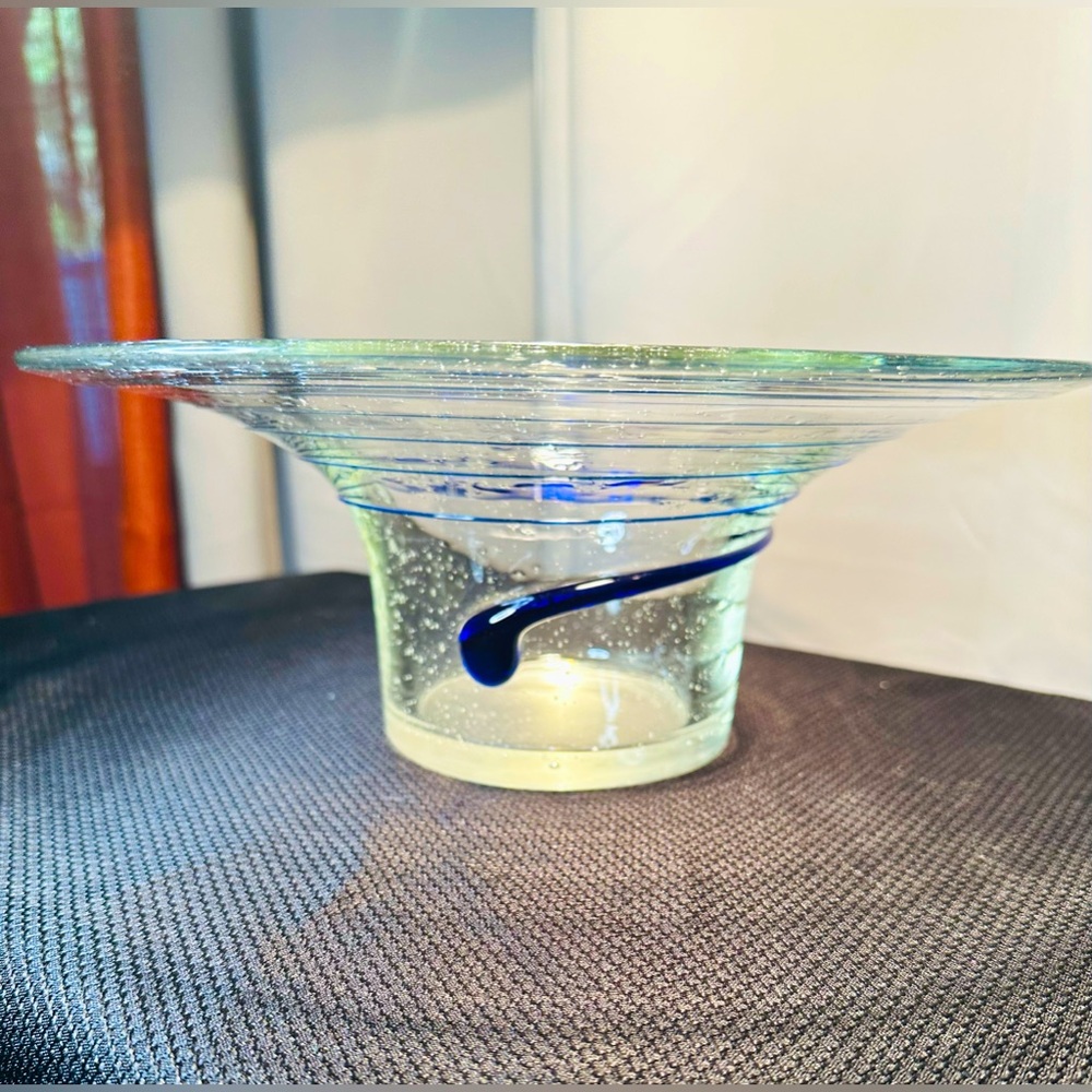 Vintage Large Clear Blue Swirl Pulled, Tiny Bubbles, Art Glass Centerpiece Bowl